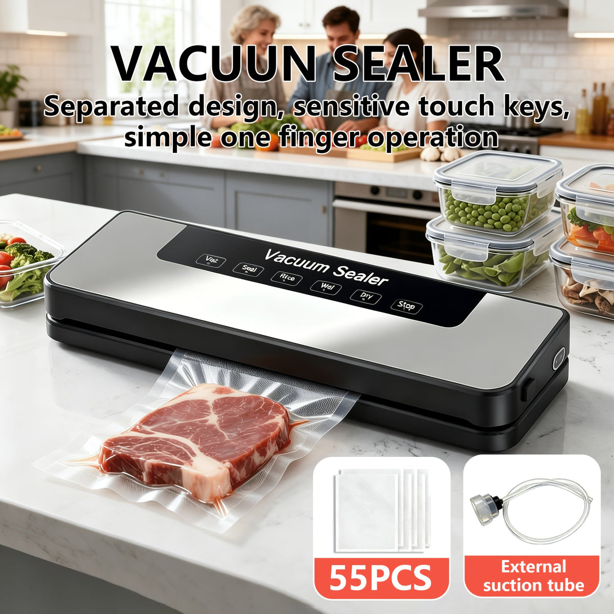 Electric Automatic Vacuum Sealer with 55pcs Pouches, Dry/Wet Dual Mode, Compact Machine, Easy to Disassemble And Clean, Keeping Meat, Vegetables, Fruits, Grains Fresh, Without Battery