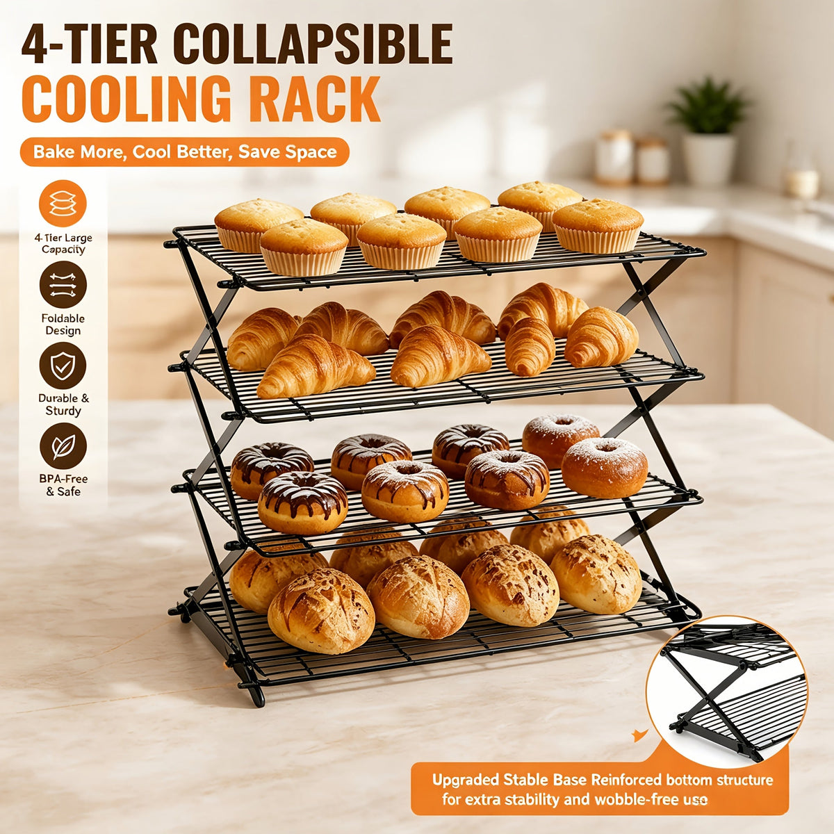 Collapsible Cooling Rack, Metal Wire Baking Tray, Stackable Drying Rack with Adjustable Four-Position Design, Suitable for Grilling While Camping, Ideal for Baking And Cooling And Cakes