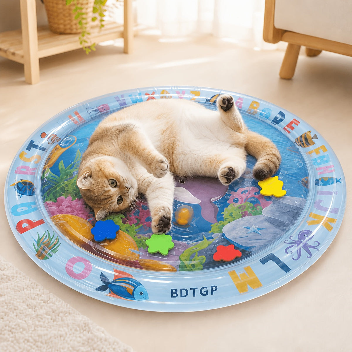 BDTGP Pet Water Play Mat for Cats And Dogs, Inflatable Ocean-Themed Toy with Floating Shapes, Indoor And Shaded Outdoor Activity Mat, Without Battery