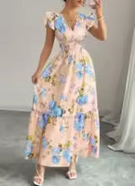 Summer Elegant Women's Floral Print V Neck Sleeveless Hoilday Beach Long Dress