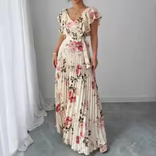Women's Summer Hot Sale Digital Print Dress – Pleated Ruffled Waist Romantic Vacation Maxi Euro American