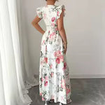 Summer Elegant Women's Floral Print V Neck Sleeveless Hoilday Beach Long Dress