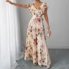 Women's Summer Hot Sale Digital Print Dress – Pleated Ruffled Waist Romantic Vacation Maxi Euro American