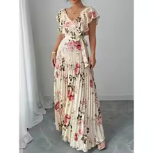 Women's Summer Hot Sale Digital Print Dress – Pleated Ruffled Waist Romantic Vacation Maxi Euro American