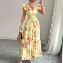 Summer Elegant Women's Floral Print V Neck Sleeveless Hoilday Beach Long Dress