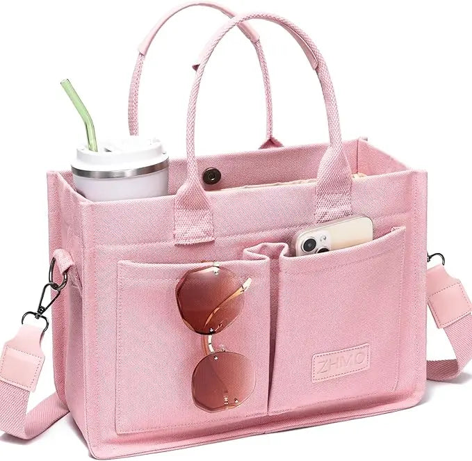 Cross-border Canvas Tote Bag Women Large Capacity Multiple Pockets Trendy Crossbody Bag Wide Shoulder Strap Magnetic Closure