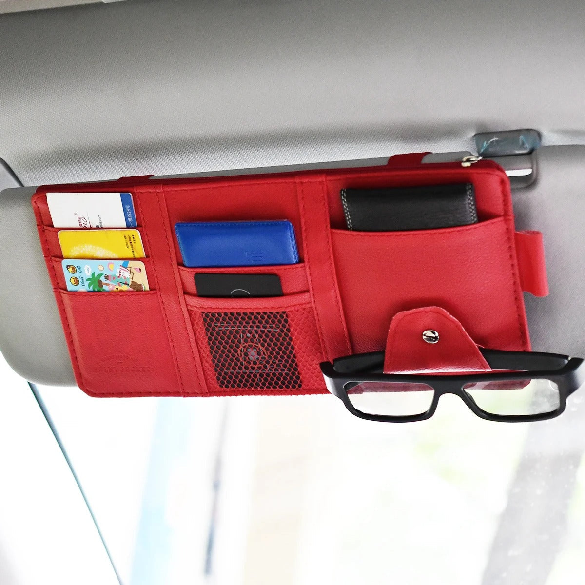 Car Glasses Storage PU Leather Multi-Function Sun Visor Point Organizer Storage Pocket Auto Sunglasses Holder Cards Organizer