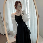 Elegant V-Neck Long Black Dress Women's Spring Autumn New Vintage Style Black Elegant Dress Over Knee Length Dress 25 sales from other sites