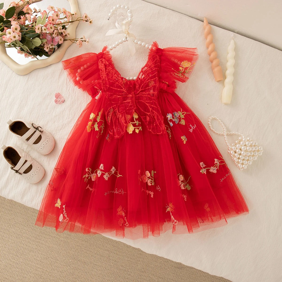 Girls' Dress Summer Floral Mesh Little Flying Sleeve Baby Girl Dress
