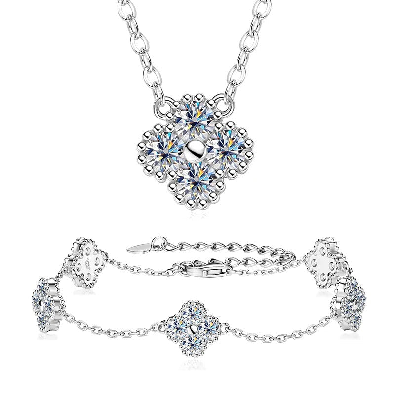 D-Color VVS1 Four Leaf Clover Moissanite Jewelry Set 3 IN 1 Necklace Earrings Bracelet GRA Certified Pass Diamond Tester 18K Gold Plated S925 Sterling Silver Luxury Stackable Fine Jewelry Wedding Anniversary Party Gift For Women