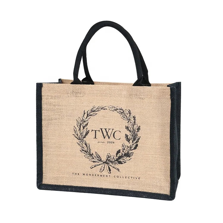 Custom Logo Natural Black Jute Bag Hessian Shopper Tote Bags With Strong Handles