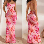 Pink Floral Printed Women's Elegant Off-Shoulder Backless Mermaid Dress, Halterneck A-Line Silhouette Spaghetti Straps Dress