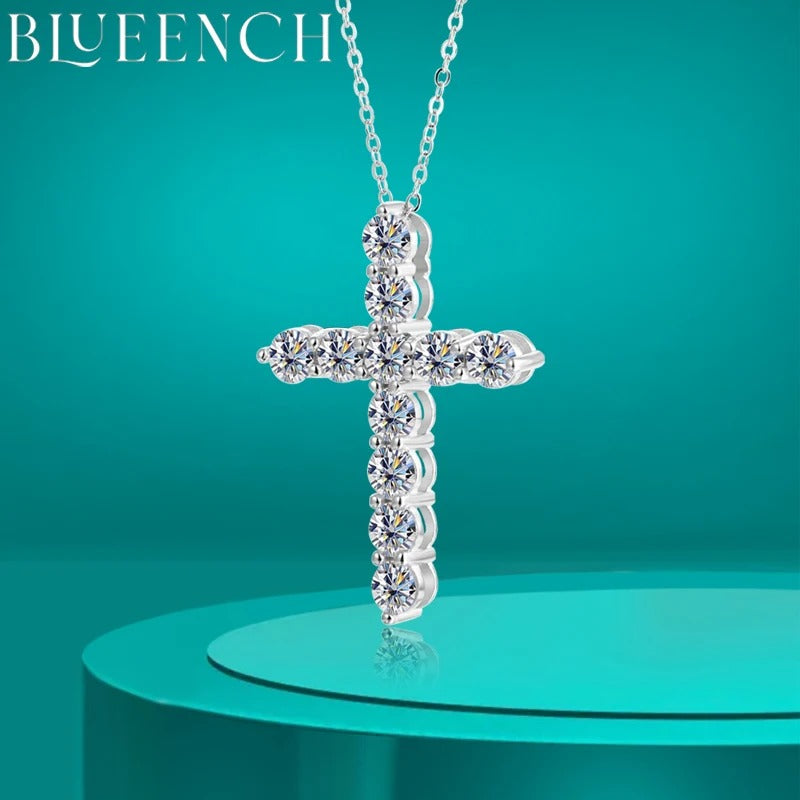 BLUEENCH Full Moissanite Cross Pendant Necklace Original 925 Sterling Sliver Chain Plated 18k White Gold Fine Necklace for Women