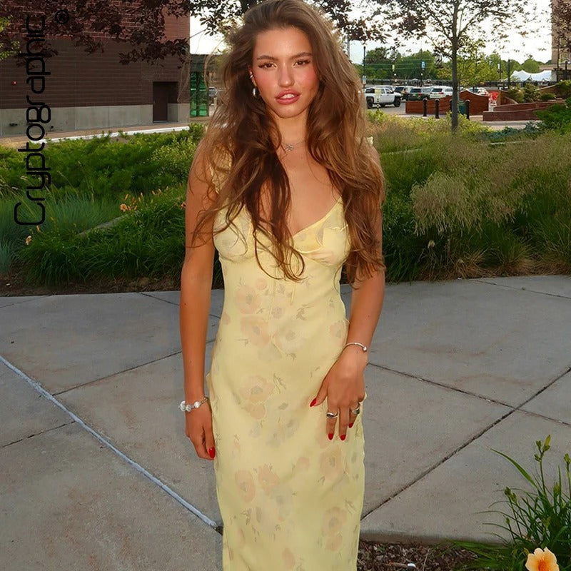 Cryptographic Summer Floral Print Plunge Maxi Dress Outfits Sexy Backless Fairy Sun Dresses Vacation Beachwear Vestido Coquette