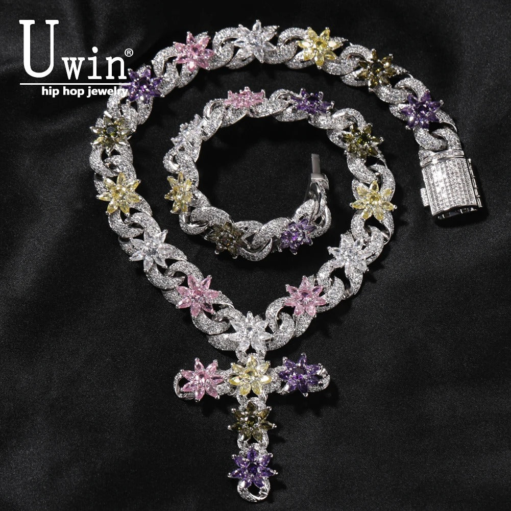 Colorful Flower Cuban Chain Full Paved Iced Out Bling Cubic Zirconia Cross Charms Baguette CZ Cuban Chain HipHop Jewelry
