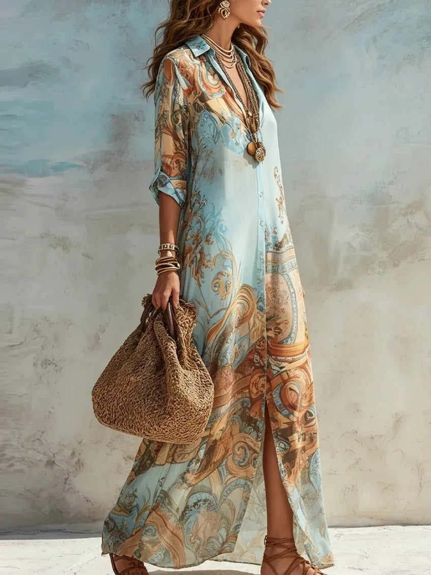 Elegant Shirt Dress for Women Digital Print Turndown Collar Single-breasted Dresses Flowy Casual Boho Summer Clothing