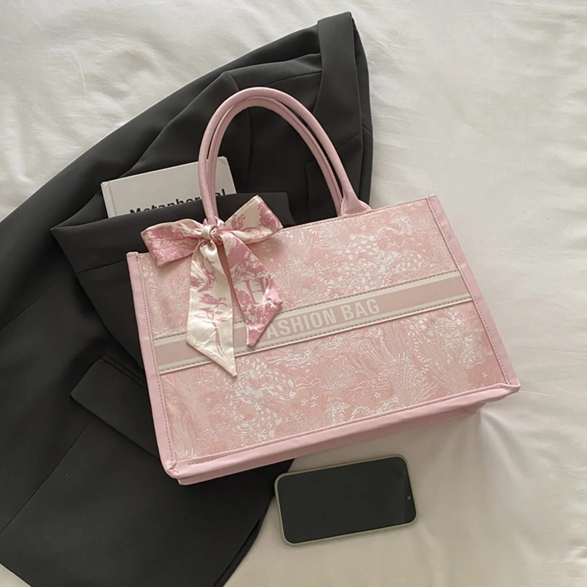 Luxury Elegant Women Tote Bag Embroid Bouquet Pattern PU Leather Tote Bag Letter Scarf Handbag for Commute Shopping