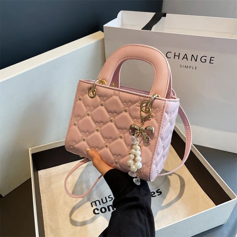 2026 New Arrival Women's Quilted Mini Handbag, Elegant Diamond Pattern Top Handle Bag with Pearl Bow Charm,