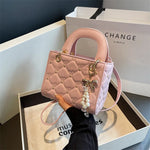 2026 New Arrival Women's Quilted Mini Handbag, Elegant Diamond Pattern Top Handle Bag with Pearl Bow Charm,