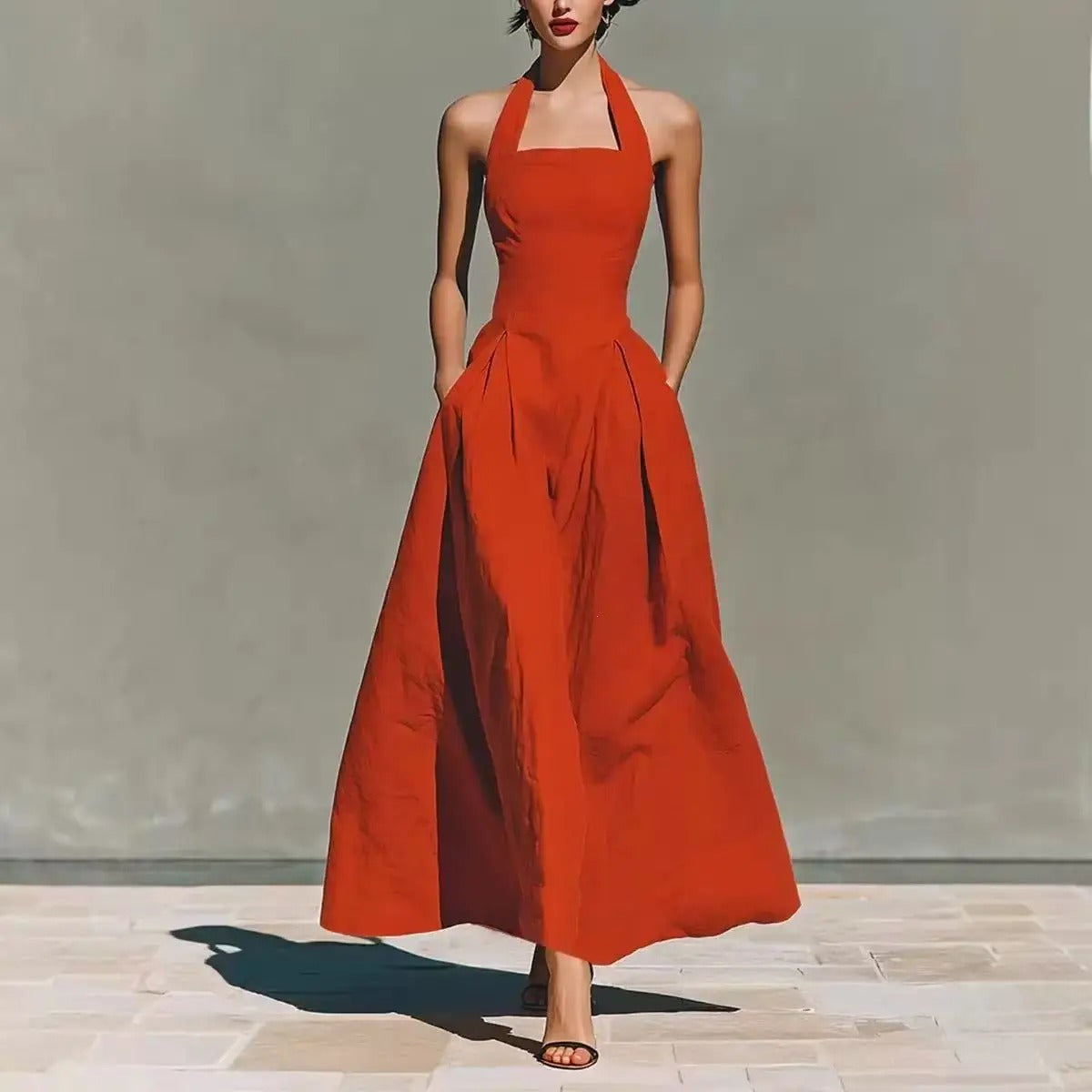 2026 European and American Spring and Summer Neck-Hanging Linen-Style Leisure Fashion Slim-Fitting Pocket