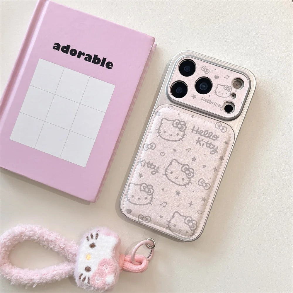 INS Electroplated Leather Hellokitty Phone Case for iPhone 17 Pro 15 14 16 Pro Max Fundas with Plush Pendant Strap Cute Cases
