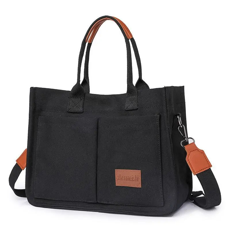 Cross-border Canvas Tote Bag Women Large Capacity Multiple Pockets Trendy Crossbody Bag Wide Shoulder Strap Magnetic Closure