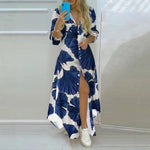 Women Lapel Collar Long Sleeve Leaf Print Button Front Split Maxi Shirt Dress Casual Daily Commuter Cover Up