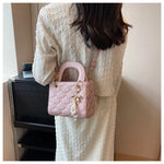 2026 New Arrival Women's Quilted Mini Handbag, Elegant Diamond Pattern Top Handle Bag with Pearl Bow Charm,