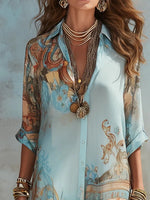 Elegant Shirt Dress for Women Digital Print Turndown Collar Single-breasted Dresses Flowy Casual Boho Summer Clothing