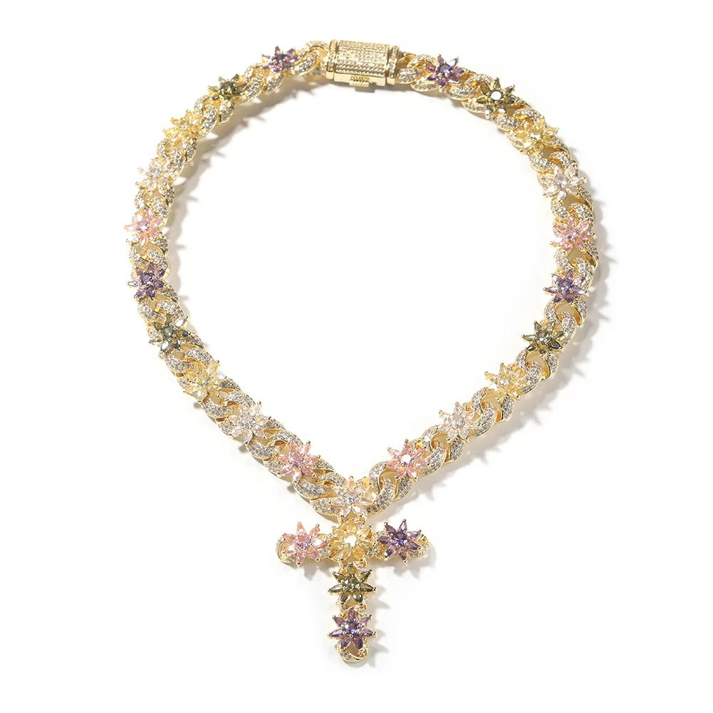 Colorful Flower Cuban Chain Full Paved Iced Out Bling Cubic Zirconia Cross Charms Baguette CZ Cuban Chain HipHop Jewelry
