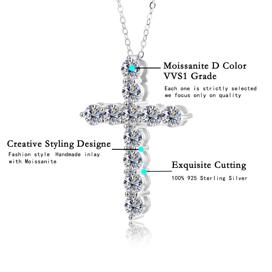BLUEENCH Full Moissanite Cross Pendant Necklace Original 925 Sterling Sliver Chain Plated 18k White Gold Fine Necklace for Women