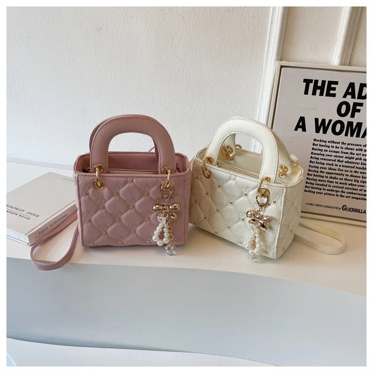 2026 New Arrival Women's Quilted Mini Handbag, Elegant Diamond Pattern Top Handle Bag with Pearl Bow Charm,