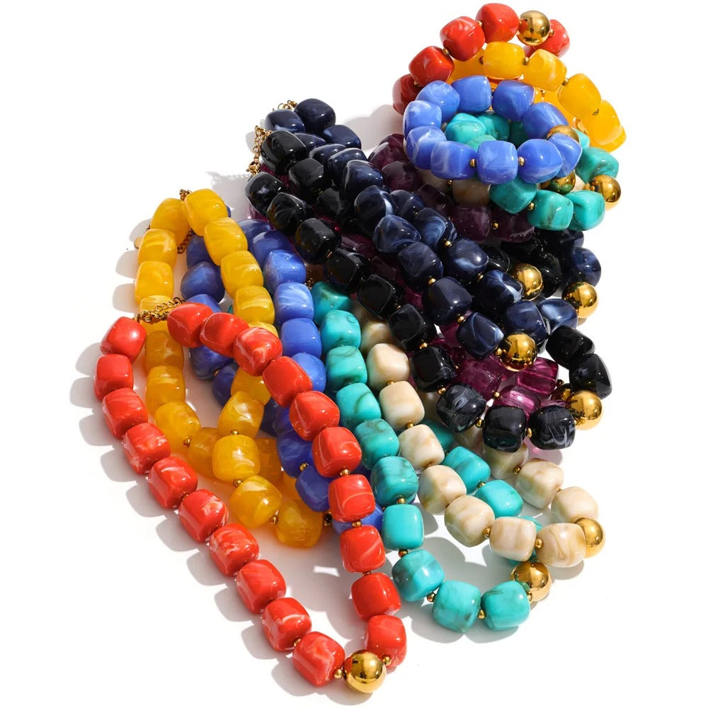 Yhpup Hot Style Handmade Jewelry Acrylic Resin Beads Chain Necklace Bracelet Stainless Steel Spring Summer Statement Accessories