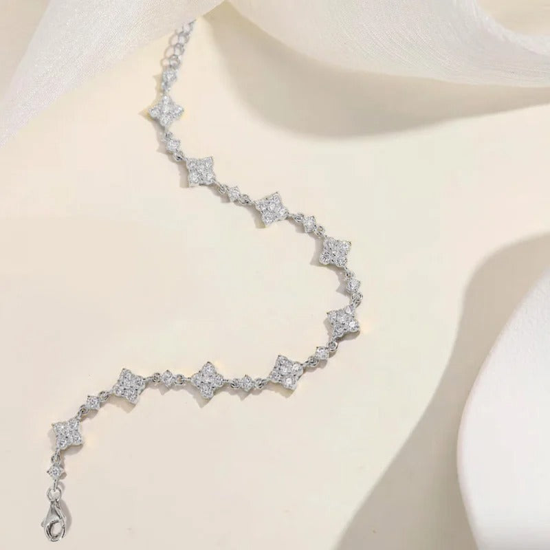 Rrjzz Round D-Color 3mm 2.5mm 2mm Full Moissanite Clover Lucky Bracelet Four Leaf Flower Beaded Bracelet for Women Jewelry Gifts