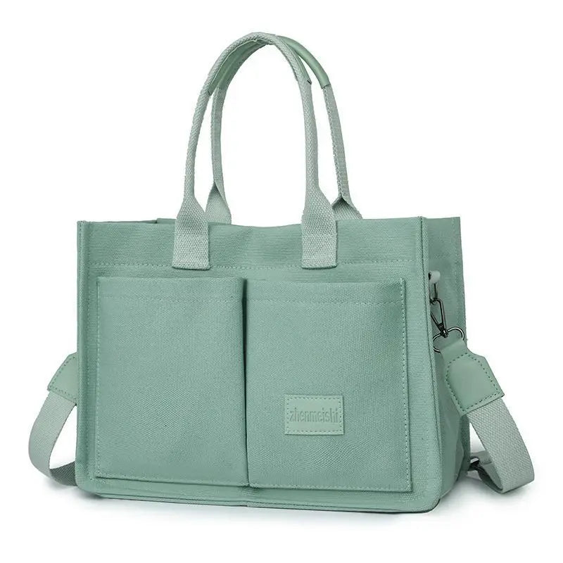 Cross-border Canvas Tote Bag Women Large Capacity Multiple Pockets Trendy Crossbody Bag Wide Shoulder Strap Magnetic Closure