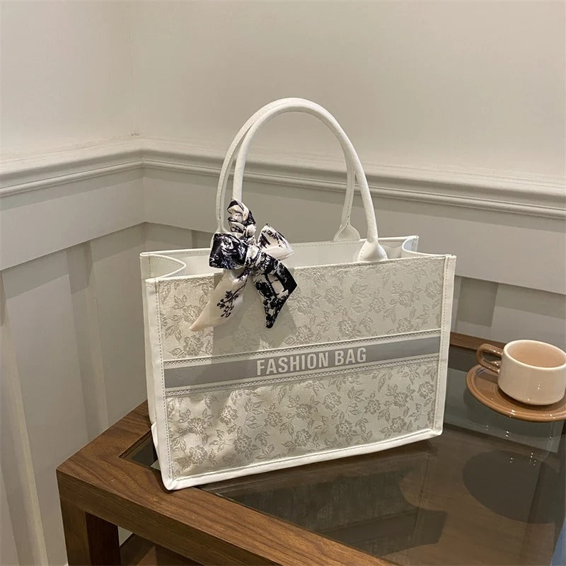 Luxury Elegant Women Tote Bag Embroid Bouquet Pattern PU Leather Tote Bag Letter Scarf Handbag for Commute Shopping