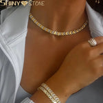 Geometric Moon Shaped Bling Cz Charm Link Chain High Polished Shiny Gold Color Metal Bracelet Necklace Fashion Women Jewelry