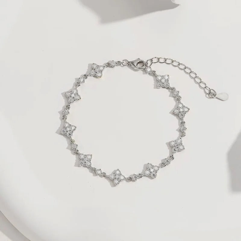 Rrjzz Round D-Color 3mm 2.5mm 2mm Full Moissanite Clover Lucky Bracelet Four Leaf Flower Beaded Bracelet for Women Jewelry Gifts