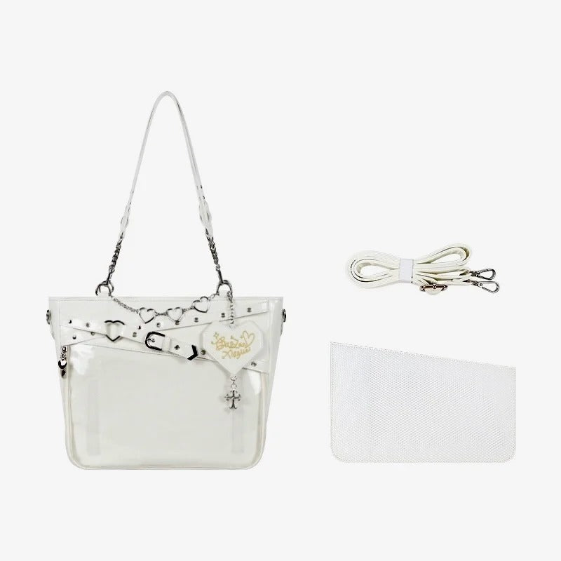 Y2k Aesthetic Underarm Ita Bag Streetwear Girl Transparent Shoulder Bag Heart Shape Chic Chain Handbag DIY Display Crossbody Bag