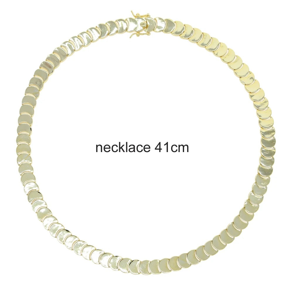 Wholesale Geometric Shiny Plain Micro Pave 5A Zirconia CZ Moon Shaped Chain Choker Necklace Gold Color Fashion Women Jewelry Set