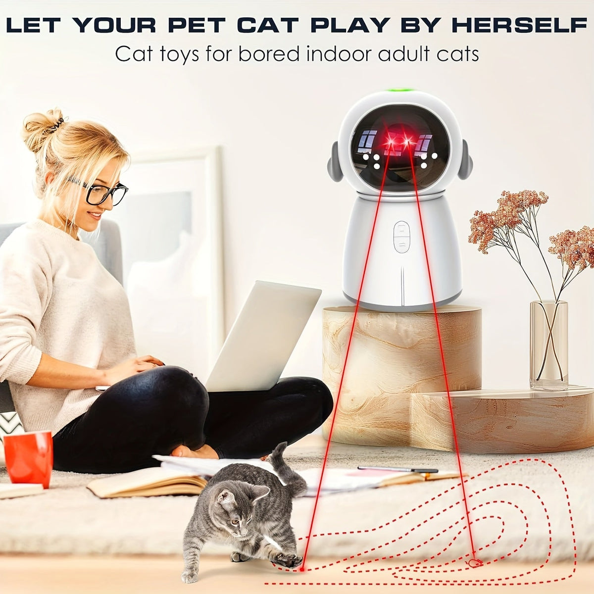 Rechargeable Interactive Cat Toy with Dual Laser Modes and Motion-Activated Fun for Bored Indoor Adult Cats