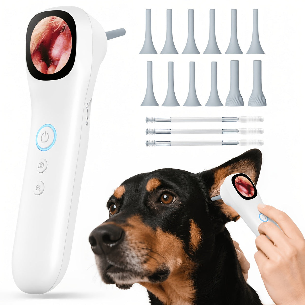 [1080P] 4-In-1 Pet Camera, Smart Detector For Pet Home Use, 1080P HD Ear Camera, See Inside Clearly With 4X Zoom, 12 Extra Inspection Heads Suitable For Checking For Dogs & Cats Ears, Nose, Hair & Mouth, USB Charging, Dog Stuff