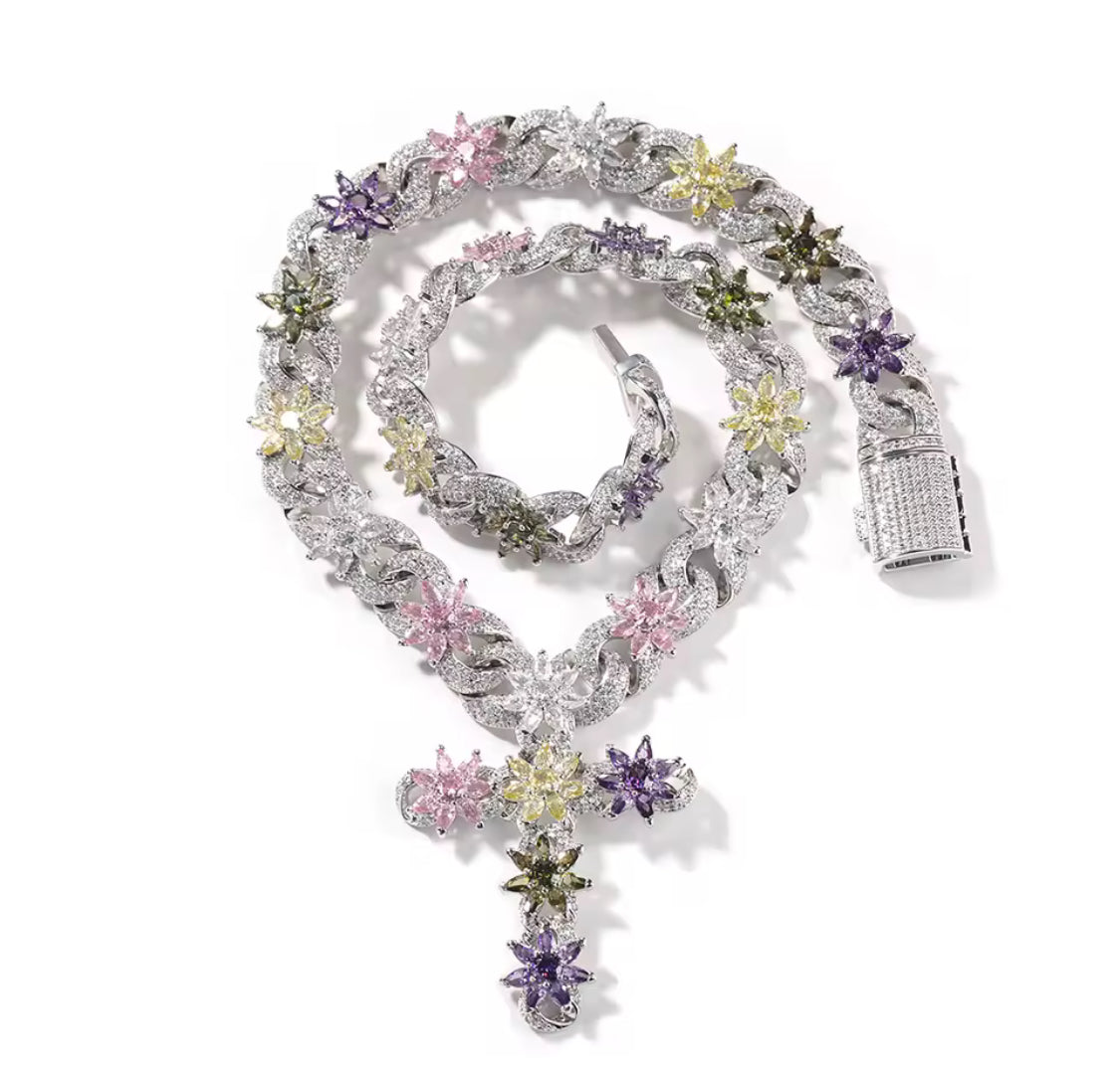 Uwin Colorful Flower Cuban Chain Full Paved Iced Out Bling Cubic Zirconia Cross Charms Baguette CZ Cuban Chain HipHop Jewelry