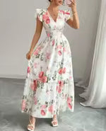 Summer Elegant Women's Floral Print V Neck Sleeveless Hoilday Beach Long Dress