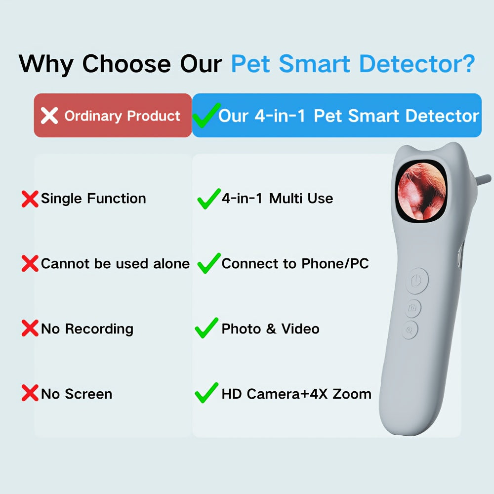 [1080P] 4-In-1 Pet Camera, Smart Detector For Pet Home Use, 1080P HD Ear Camera, See Inside Clearly With 4X Zoom, 12 Extra Inspection Heads Suitable For Checking For Dogs & Cats Ears, Nose, Hair & Mouth, USB Charging, Dog Stuff