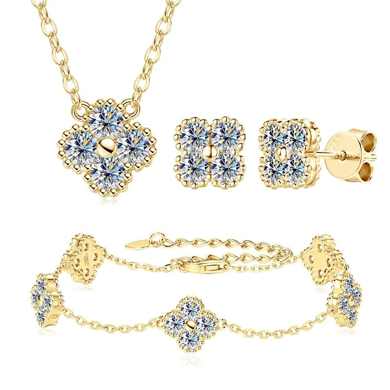 D-Color VVS1 Four Leaf Clover Moissanite Jewelry Set 3 IN 1 Necklace Earrings Bracelet GRA Certified Pass Diamond Tester 18K Gold Plated S925 Sterling Silver Luxury Stackable Fine Jewelry Wedding Anniversary Party Gift For Women