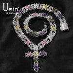 Colorful Flower Cuban Chain Full Paved Iced Out Bling Cubic Zirconia Cross Charms Baguette CZ Cuban Chain HipHop Jewelry