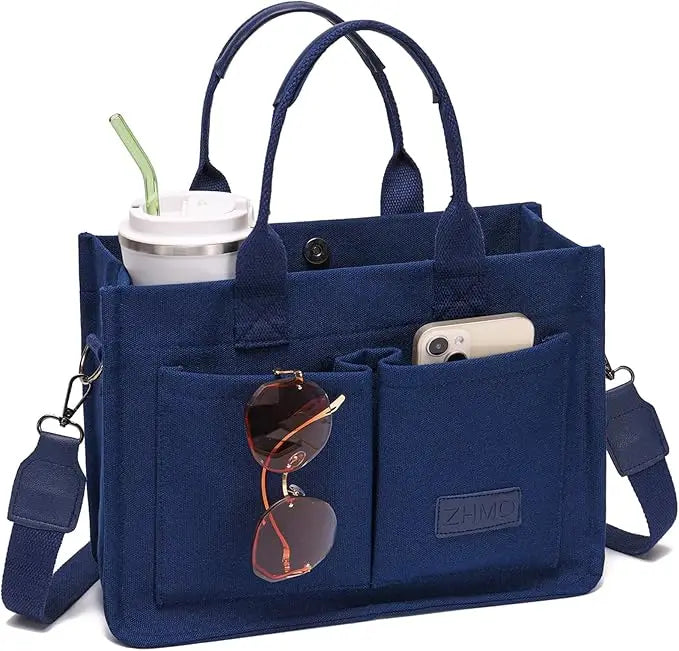 Cross-border Canvas Tote Bag Women Large Capacity Multiple Pockets Trendy Crossbody Bag Wide Shoulder Strap Magnetic Closure