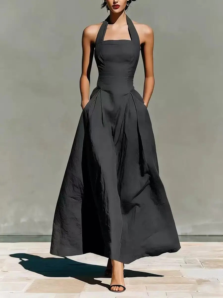 2026 European and American Spring and Summer Neck-Hanging Linen-Style Leisure Fashion Slim-Fitting Pocket