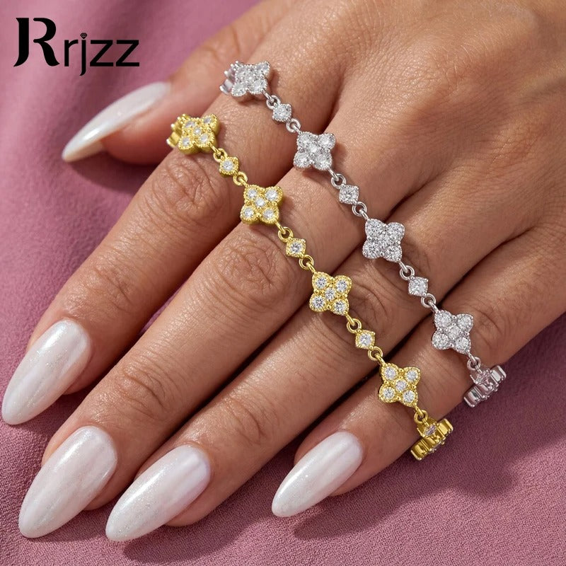 Rrjzz Round D-Color 3mm 2.5mm 2mm Full Moissanite Clover Lucky Bracelet Four Leaf Flower Beaded Bracelet for Women Jewelry Gifts